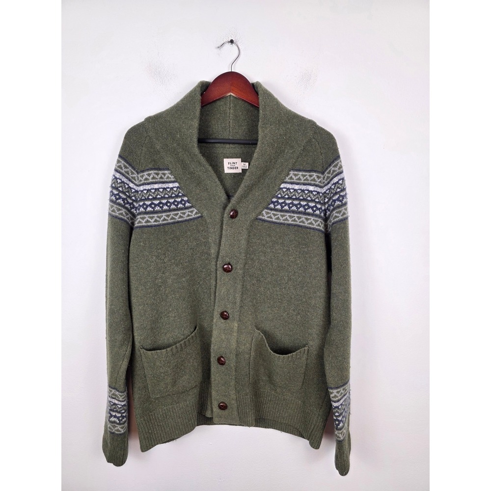 Flint and Tinder Mens Olive Green Wool Fair Isle Shawl Collar Cardigan Sweater M